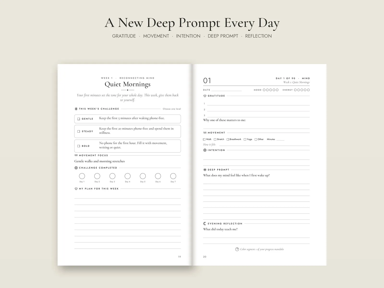 Open journal showing a daily page with gratitude, movement and intention sections