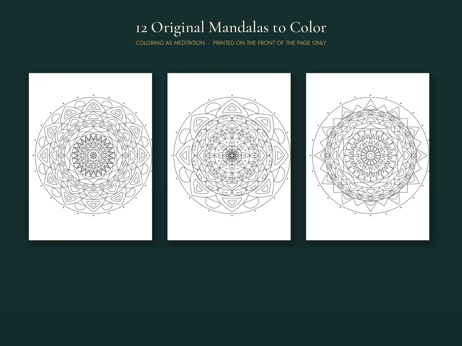 A gallery of the journal's original line-art mandalas ready for coloring