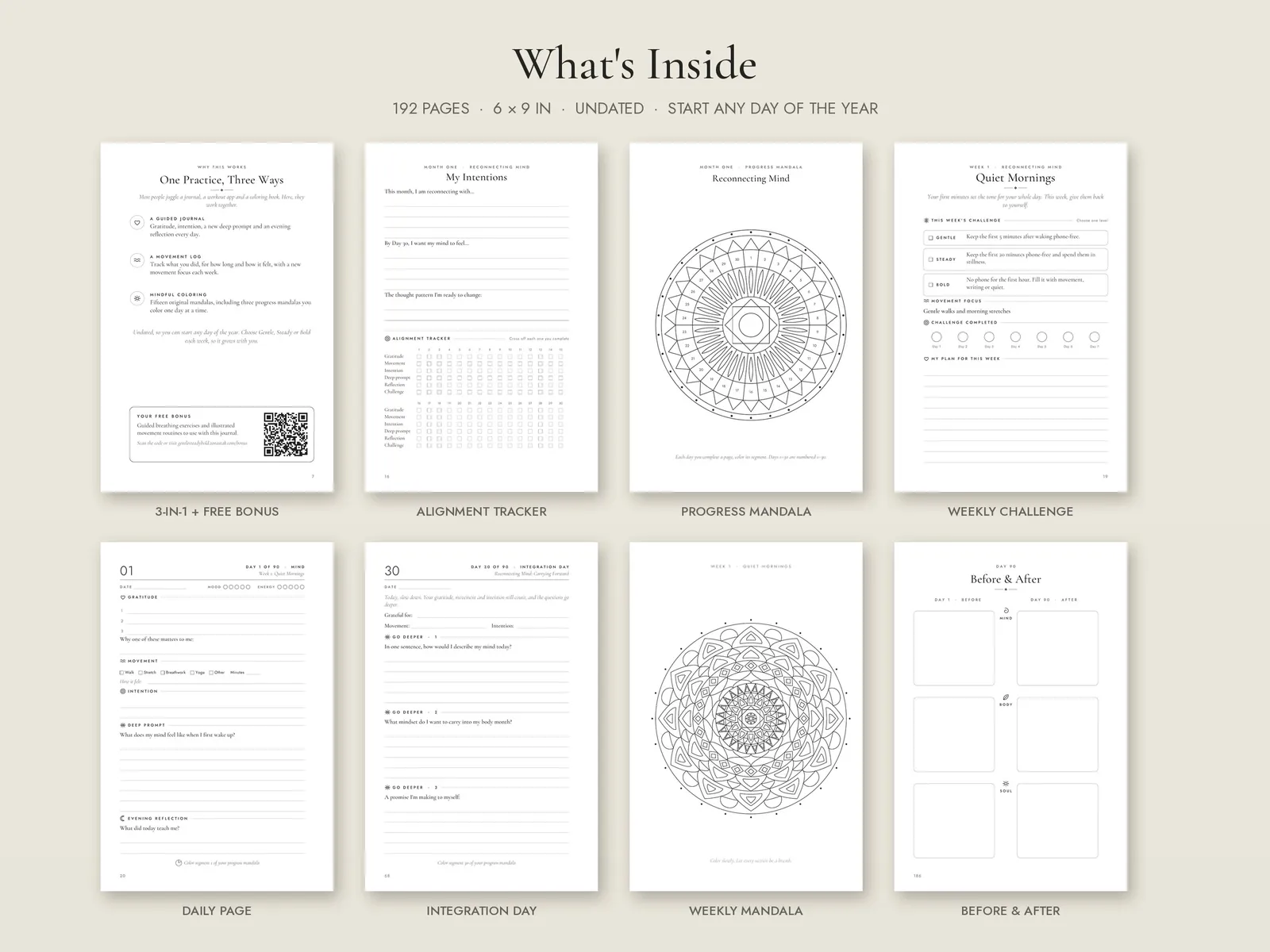 Overview of the journal's interior: daily pages, weekly challenges, trackers and mandalas